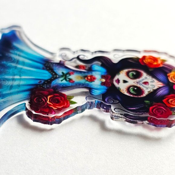 Day of the Dead Girl Sugar Skull Acrylic Keychain Blue Charm Dia de los Muertos - Picture 3 of 4